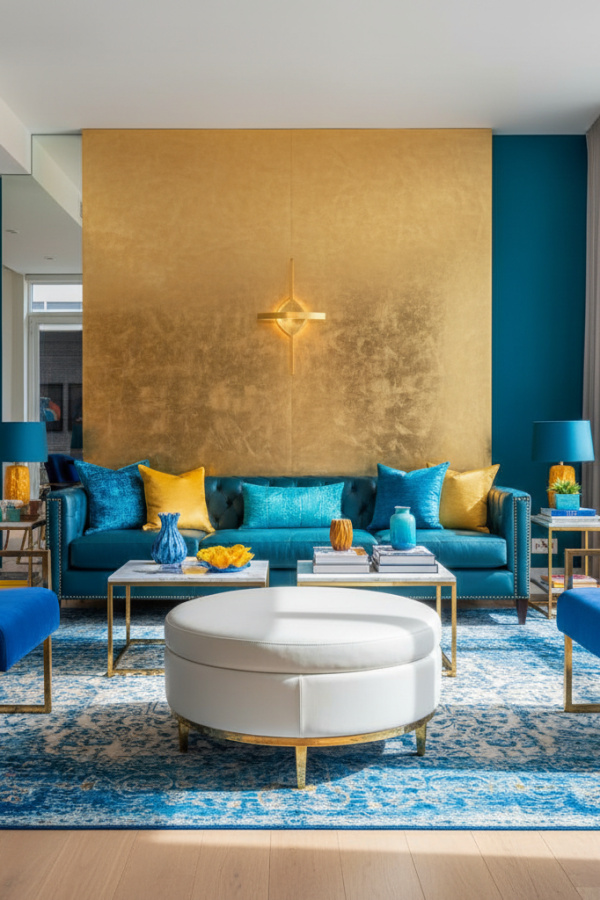 Modern Vibrant Elegance Living Room, Deep Teal Accent Wall, 1 White Leather Ottoman, 1 Gold Wall Sconce Modern Vibrant Elegance Living Room, Deep Teal Accent Wall, 1 White Leather Ottoman, 1 Gold Wall Sconce