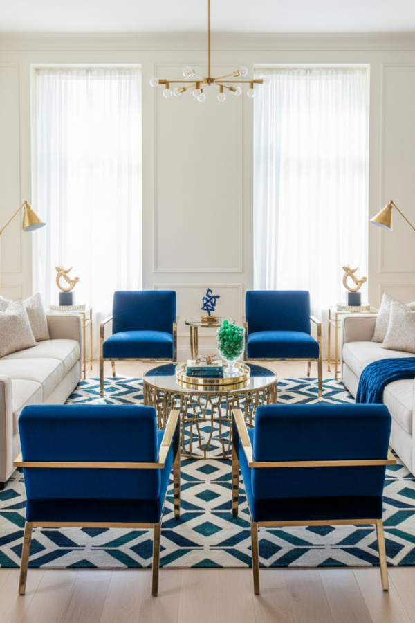 Modern Jewel-Toned Glam Living Room, Cream Walls, 2 Sapphire Blue Armchairs, 1 Mirrored Tray Modern Jewel-Toned Glam Living Room, Cream Walls, 2 Sapphire Blue Armchairs, 1 Mirrored Tray