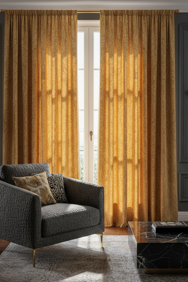 Modern Sleek Opulence Living Room, Charcoal Bouclé Armchair, 1 Black Marble Coffee Table, 2 Gold Curtain Panels Modern Sleek Opulence Living Room, Charcoal Bouclé Armchair, 1 Black Marble Coffee Table, 2 Gold Curtain Panels