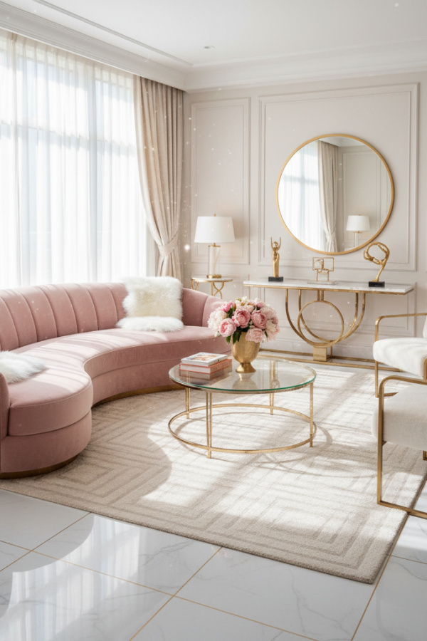 Modern Dreamy Glamour Living Room, Blush Pink Sofa, 1 Acrylic Coffee Table, 2 White Fur Throws Modern Dreamy Glamour Living Room, Blush Pink Sofa, 1 Acrylic Coffee Table, 2 White Fur Throws