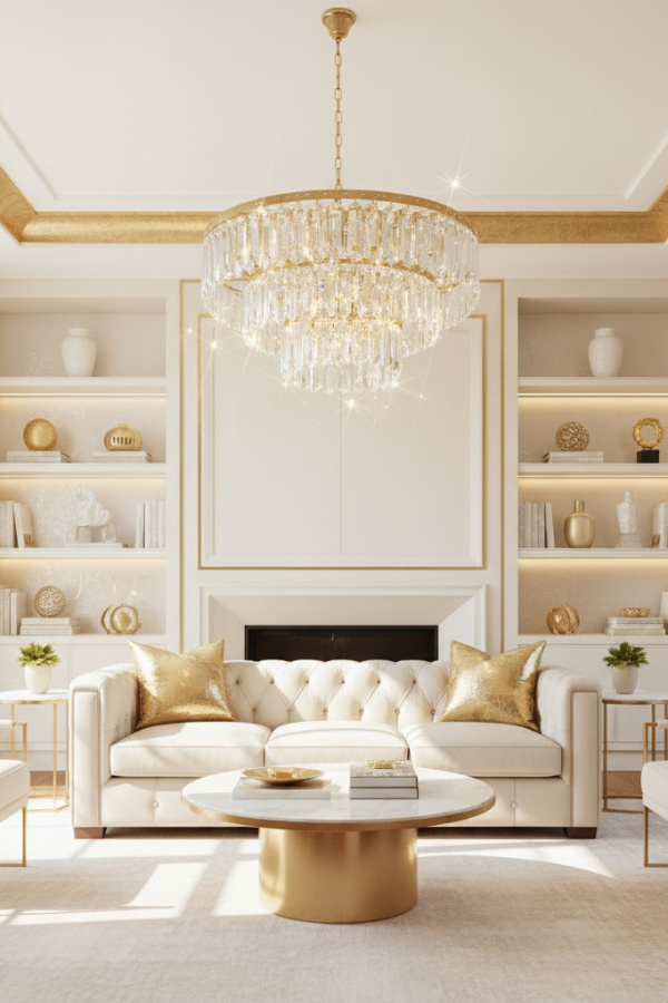 Modern Opulent Chic Living Room, Cream Leather Sofa, 2 Metallic Gold Cushions, 1 Crystal Chandelier Modern Opulent Chic Living Room, Cream Leather Sofa, 2 Metallic Gold Cushions, 1 Crystal Chandelier