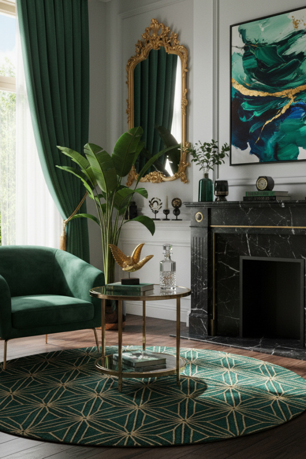 Modern Dramatic Luxe Living Room, Black Marble Fireplace, 1 Velvet Emerald Armchair, 1 Glass Side Table Modern Dramatic Luxe Living Room, Black Marble Fireplace, 1 Velvet Emerald Armchair, 1 Glass Side Table