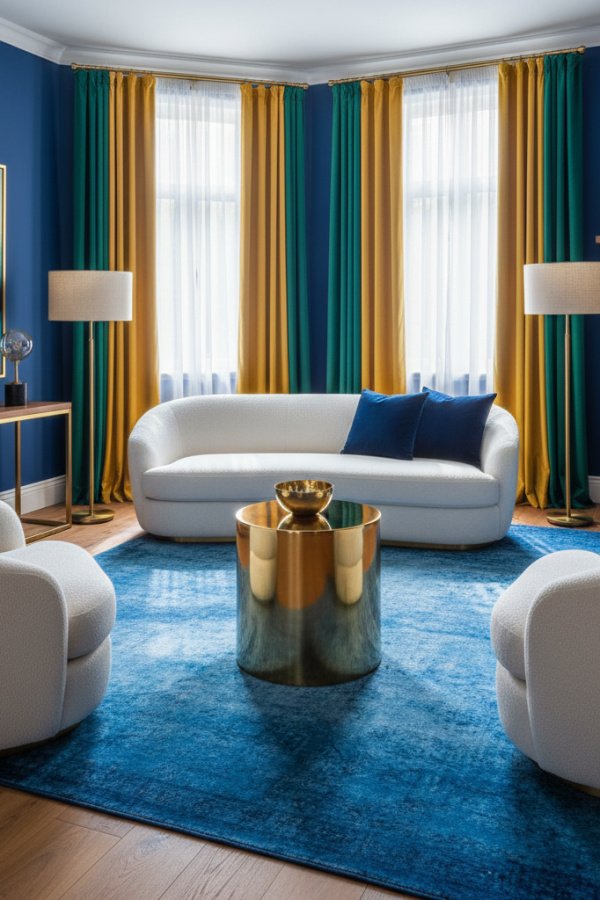 Modern Elegance Living Room, Ivory Bouclé Sofa, 2 Navy Velvet Pillows, 1 Brass Accent Table Modern Elegance Living Room, Ivory Bouclé Sofa, 2 Navy Velvet Pillows, 1 Brass Accent Table