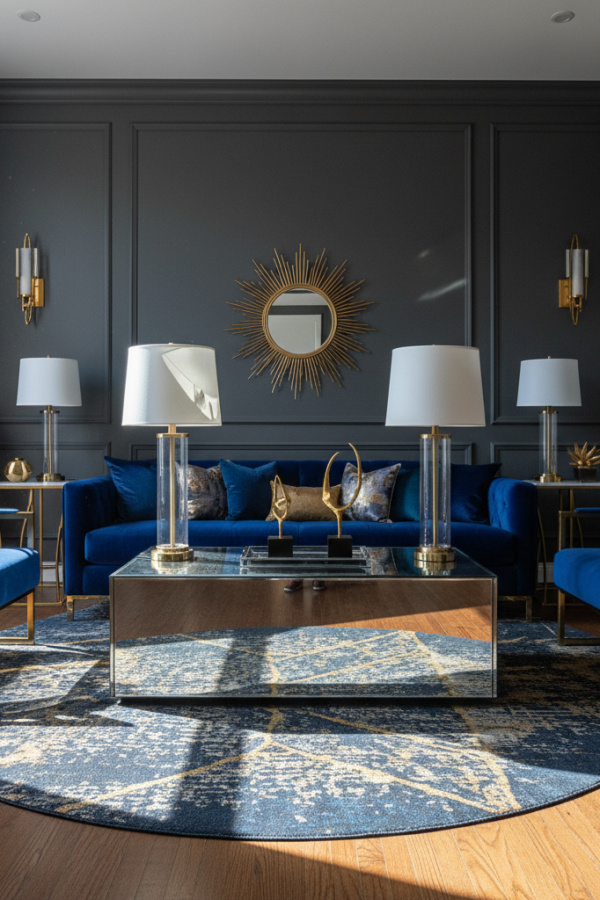 Modern Urban Glam Living Room, Charcoal Gray Walls, 1 Mirrored Coffee Table, 2 Lucite Lamps Modern Urban Glam Living Room, Charcoal Gray Walls, 1 Mirrored Coffee Table, 2 Lucite Lamps