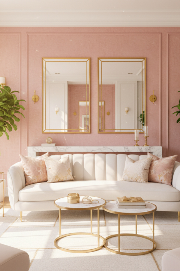 Modern Feminine Opulence Living Room, Blush Pink Accent Wall, 1 White Marble Console, 2 Gold-Framed Mirrors Modern Feminine Opulence Living Room, Blush Pink Accent Wall, 1 White Marble Console, 2 Gold-Framed Mirrors