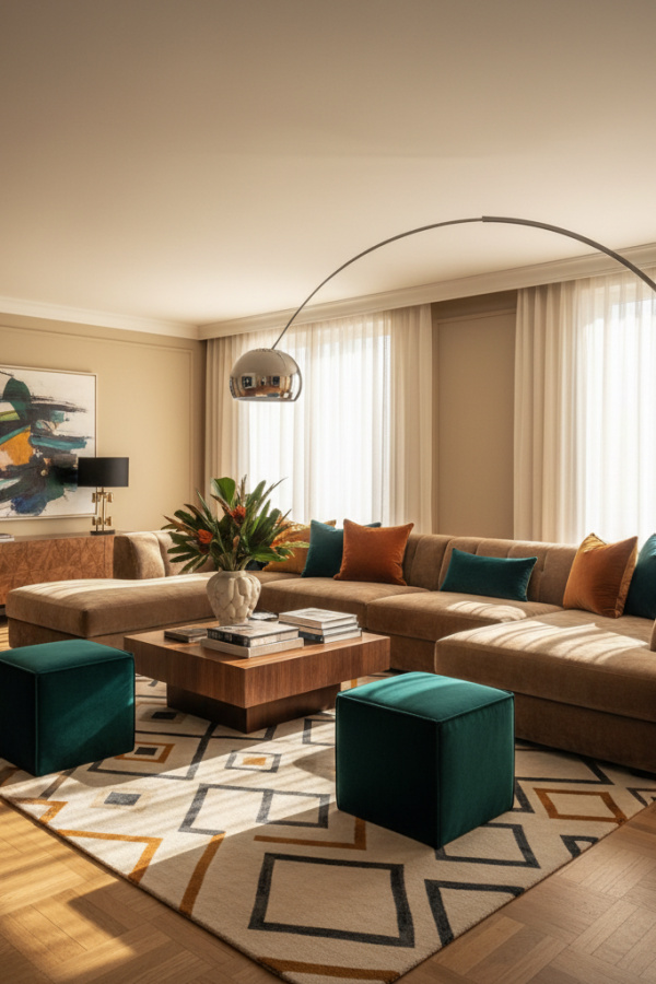 Modern Contemporary Luxe Living Room, Taupe Velvet Sectional, 1 Geometric Rug, 1 Chrome Floor Lamp Modern Contemporary Luxe Living Room, Taupe Velvet Sectional, 1 Geometric Rug, 1 Chrome Floor Lamp