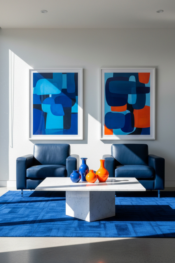 Modern Bold Minimalist Living Room, Navy Leather Armchairs, 1 White Quartz Table, 2 Abstract Art Prints Modern Bold Minimalist Living Room, Navy Leather Armchairs, 1 White Quartz Table, 2 Abstract Art Prints