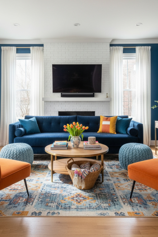 Living Room with Fireplace, White Brick Surround, TV Mounted Above, Navy Sofa Facing, Bright Modern Space