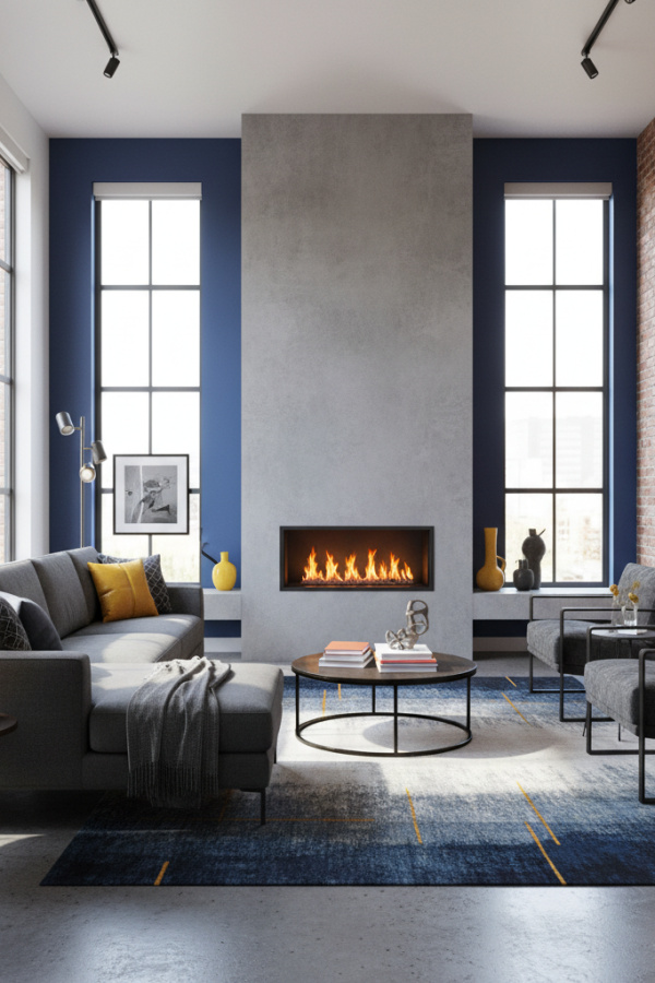 Living Room with Fireplace, Concrete Surround, Linear Gas Insert, Charcoal Sofa, Bright Industrial Space