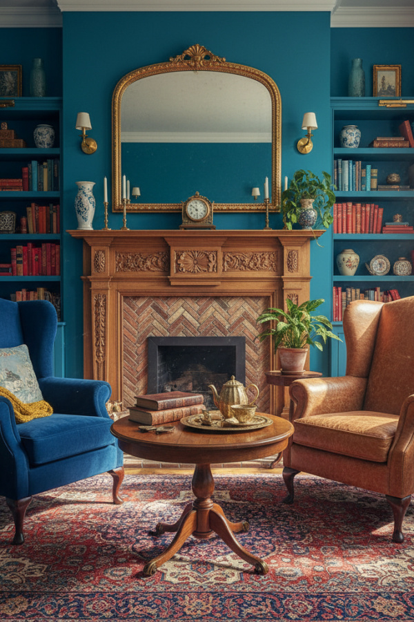 Living Room with Fireplace, Herringbone Brick, Traditional Mantel, Two Wingback Chairs, Sunlit Traditional Space