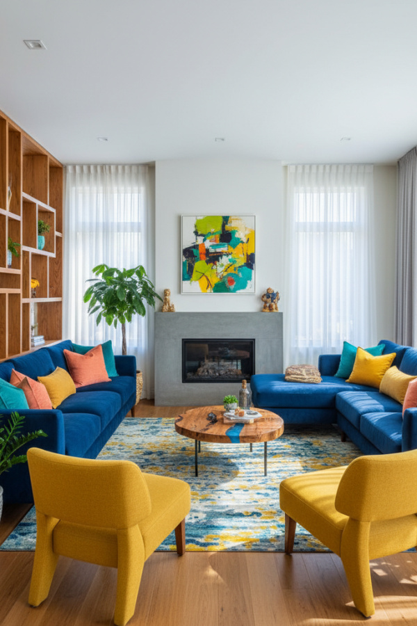 Living Room with Fireplace, Two-Sided Design, Room Divider, Sectional Both Sides, Vibrant Open Concept Space