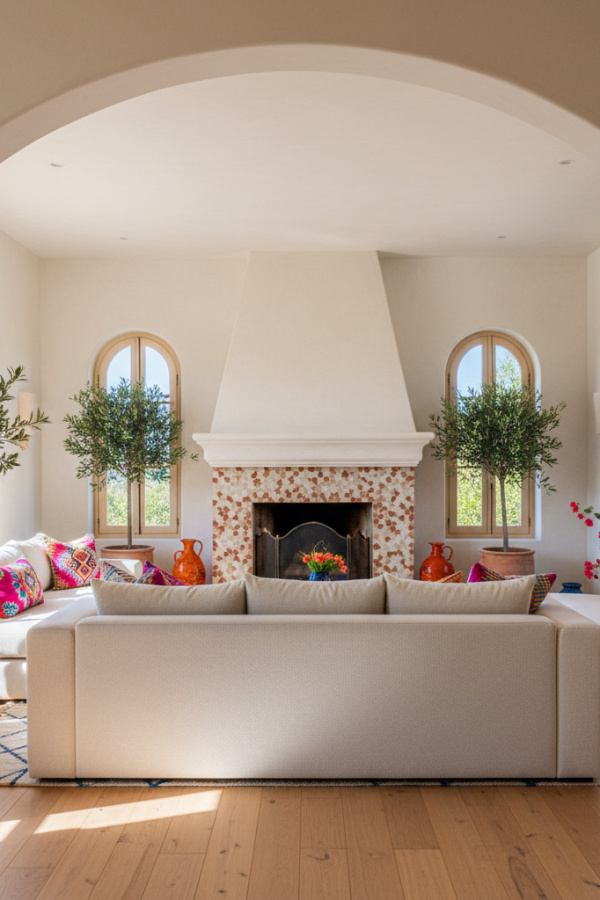 Living Room with Fireplace, Zellige Tile Surround, Arched Opening, Cream Sofa, Bright Mediterranean Space