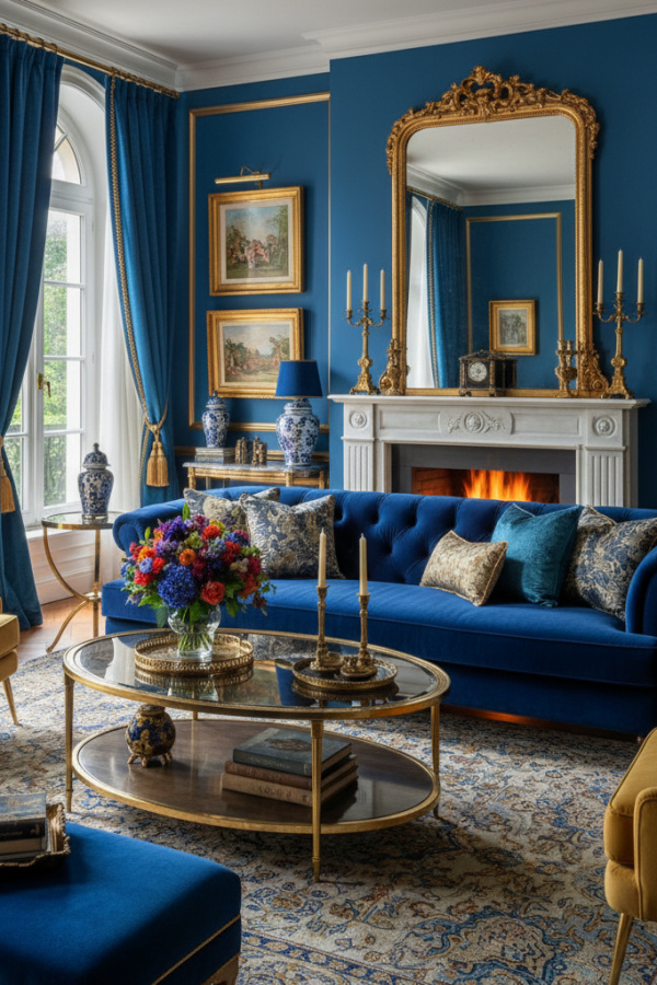 Living Room with Fireplace, White Marble Surround, Gold Accents, Velvet Navy Sofa, Sunlit Luxe Space