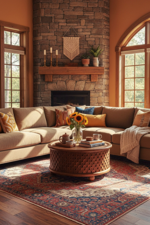 Living Room with Fireplace, Corner Placement, Stone Surround, L-Shaped Sectional, Vibrant Cozy Space
