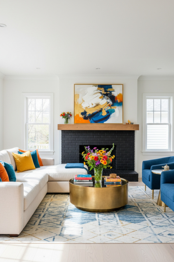 Living Room with Fireplace, Painted Black Brick, Floating Wood Mantel, White Walls, Bright Modern Space