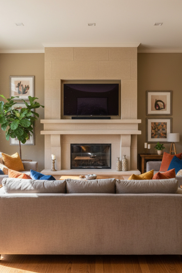 Living Room with Fireplace, Limestone Surround, Recessed TV Niche, Taupe Sofa, Sunlit Sophisticated Space