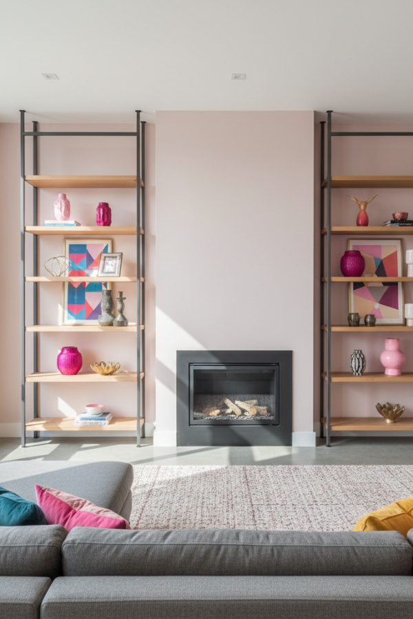 Living Room with Fireplace, Black Metal Linear, Two Built-In Shelving Units, Gray Sectional, Sunlit Contemporary Space