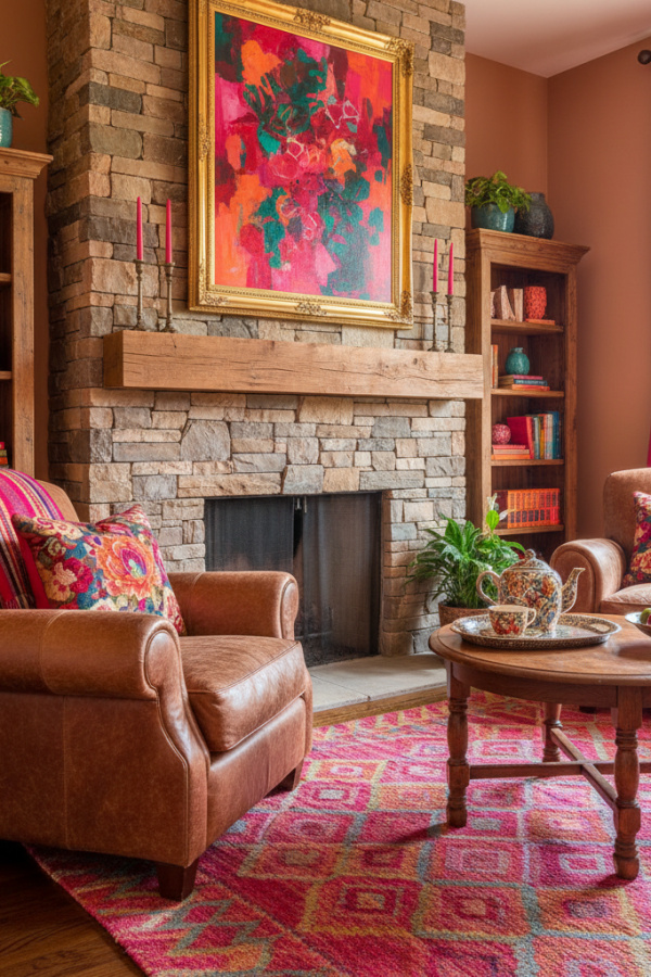 Living Room with Fireplace, Natural Stone Stacked, Wooden Mantel, Two Leather Chairs, Vibrant Rustic Space