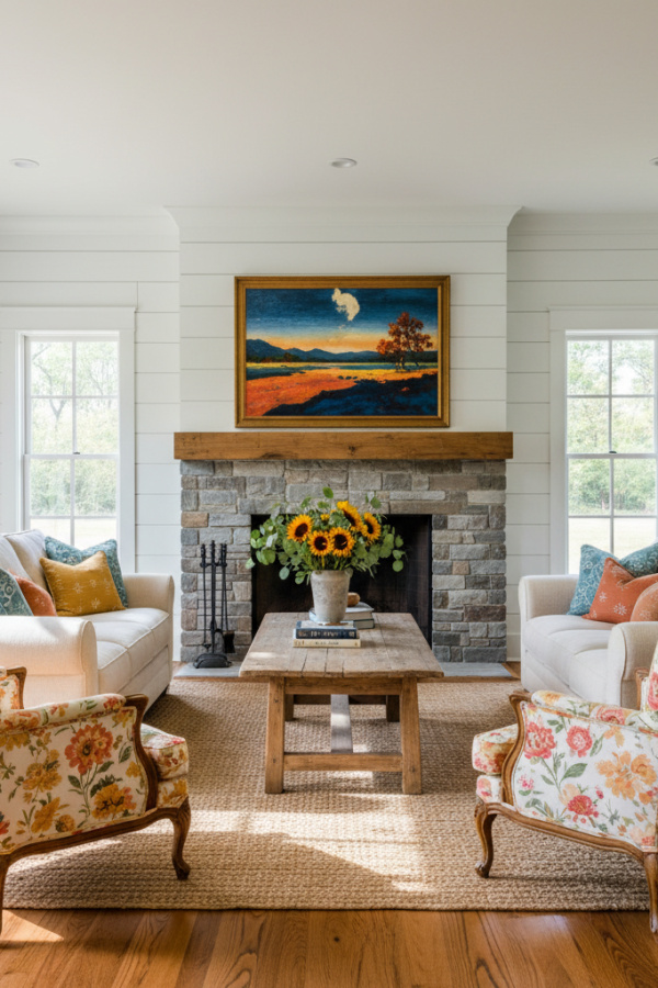 Living Room with Fireplace, White Shiplap Surround, No TV, Single Large Artwork Above, Bright Farmhouse Space