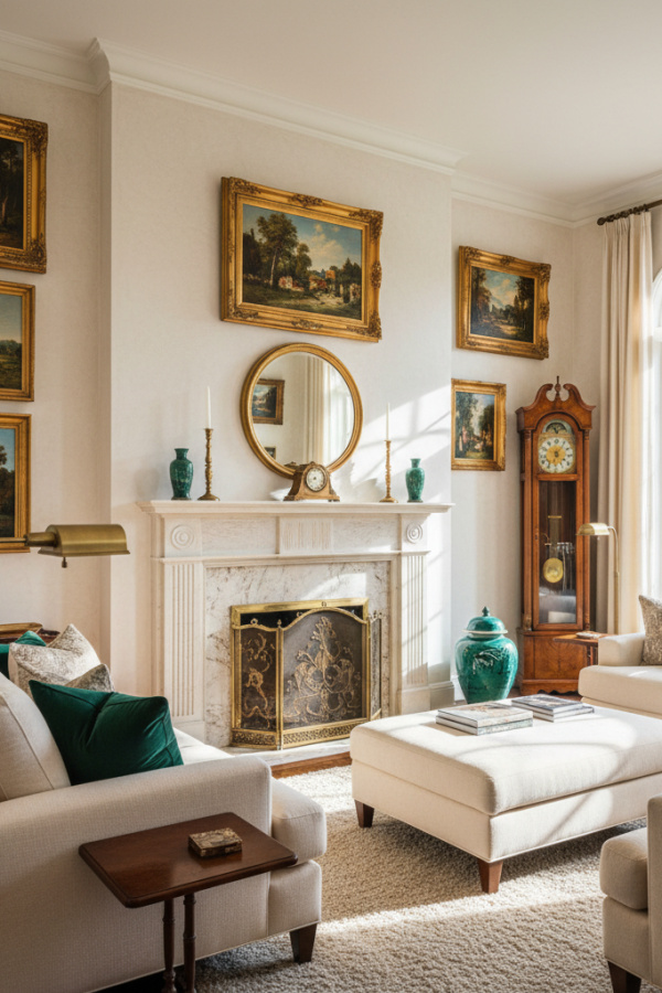 Living Room with Fireplace, Marble Tile Surround, Brass Screen, Cream Sofa Angled, Sunlit Elegant Space