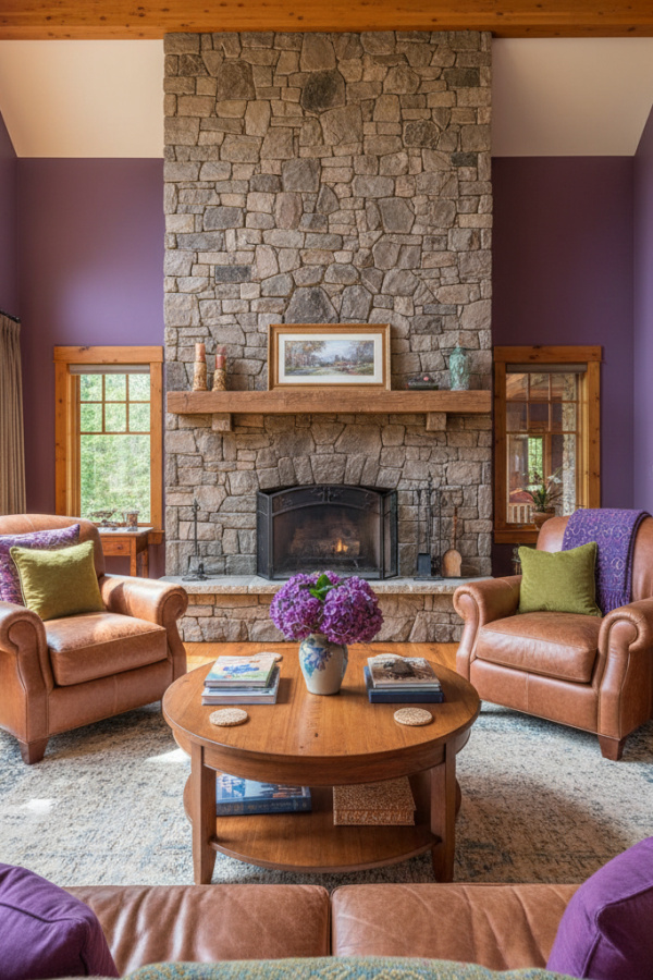 Living Room with Fireplace, Floor-to-Ceiling Stone, Cathedral Ceiling, Two Brown Leather Chairs, Vibrant Lodge Space