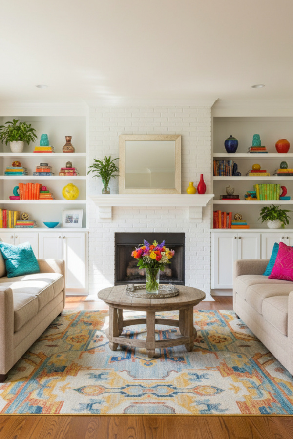 Living Room with Fireplace, White Painted Brick, Built-In Cabinets Both Sides, Beige Sectional, Bright Transitional Space