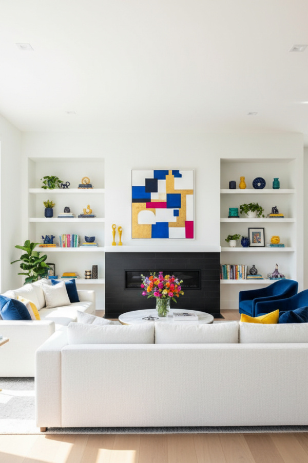 Living Room with Fireplace, Black Tile Surround, Minimalist Design, White Sofa Centered, Sunlit Minimalist Space