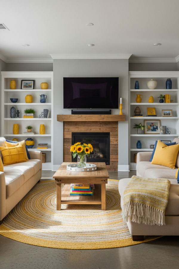 Living Room with Fireplace, Reclaimed Wood Mantel, TV Built-In Center, Gray Walls, Vibrant Modern Farmhouse Space