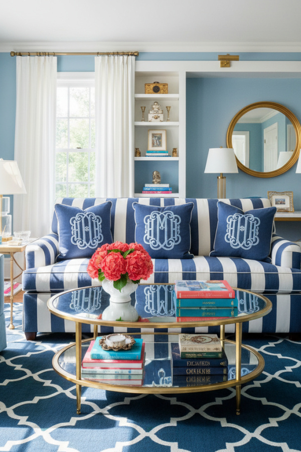 Preppy Living Room, Navy Blue White Striped Sofa, Brass Coffee Table, Three Monogram Pillows, Bright Modern Preppy Space Preppy Living Room, Navy Blue White Striped Sofa, Brass Coffee Table, Three Monogram Pillows, Bright Modern Preppy Space