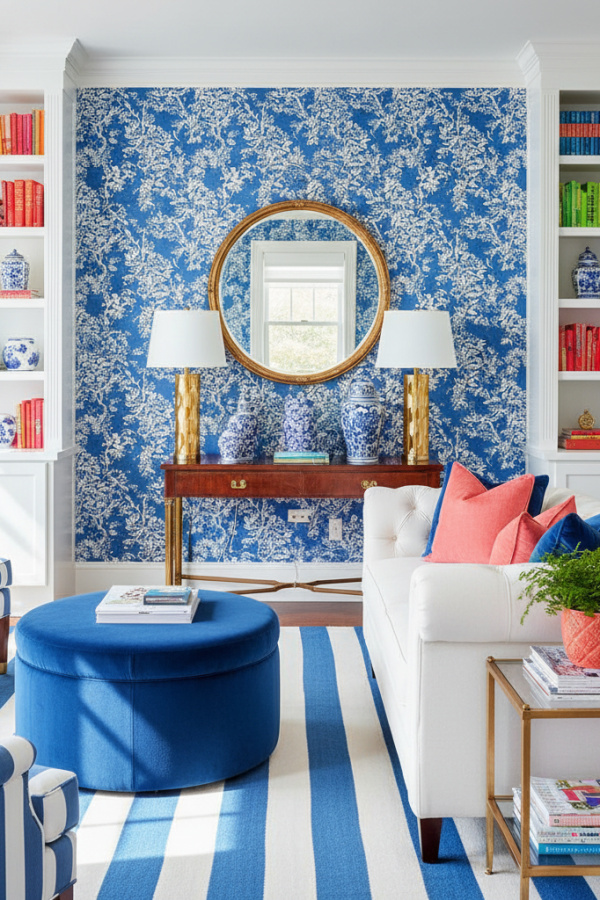 Preppy Living Room, White Sofa, Blue Chinoiserie Wallpaper Accent Wall, Two Coral Pillows, Bright Elegant Space Preppy Living Room, White Sofa, Blue Chinoiserie Wallpaper Accent Wall, Two Coral Pillows, Bright Elegant Space