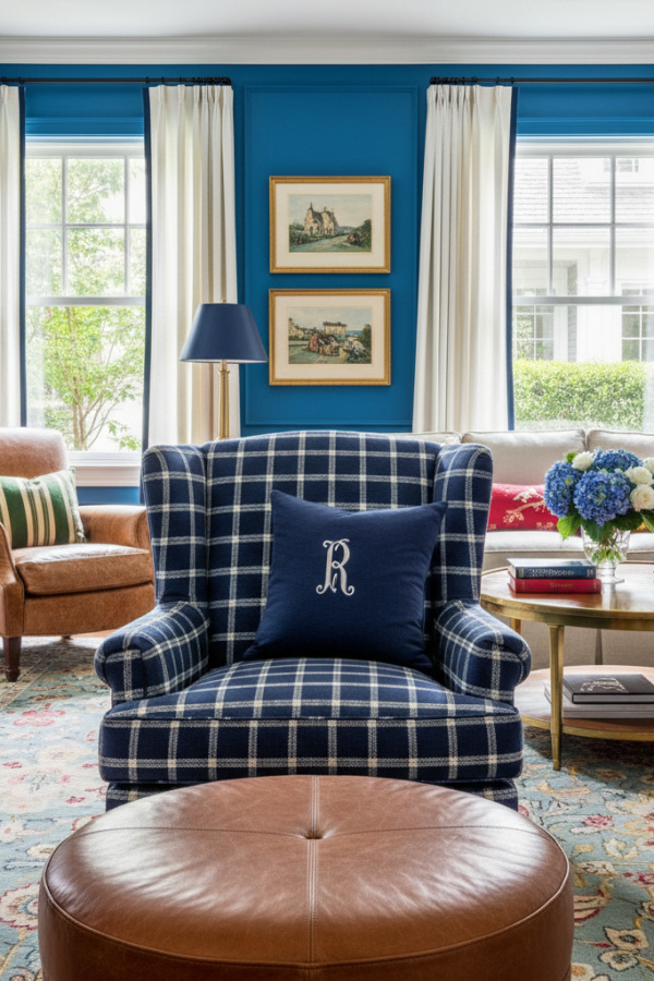 Preppy Living Room, Navy Blue White Plaid Armchair, Camel Leather Ottoman, Single Monogram, Sunlit Tailored Space Preppy Living Room, Navy Blue White Plaid Armchair, Camel Leather Ottoman, Single Monogram, Sunlit Tailored Space