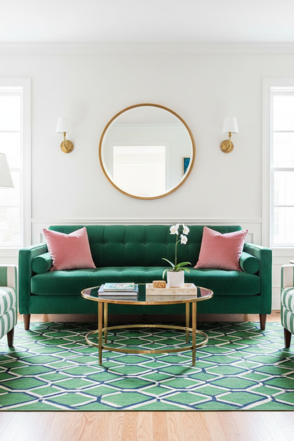 Preppy Living Room, Emerald Green Sofa, White Walls, Two Pink Velvet Pillows, Vibrant Bold Space Preppy Living Room, Emerald Green Sofa, White Walls, Two Pink Velvet Pillows, Vibrant Bold Space