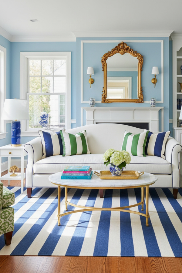 Preppy Living Room, White Camelback Sofa, Navy Blue Piping, Three Striped Pillows, Bright Contemporary Preppy Space Preppy Living Room, White Camelback Sofa, Navy Blue Piping, Three Striped Pillows, Bright Contemporary Preppy Space