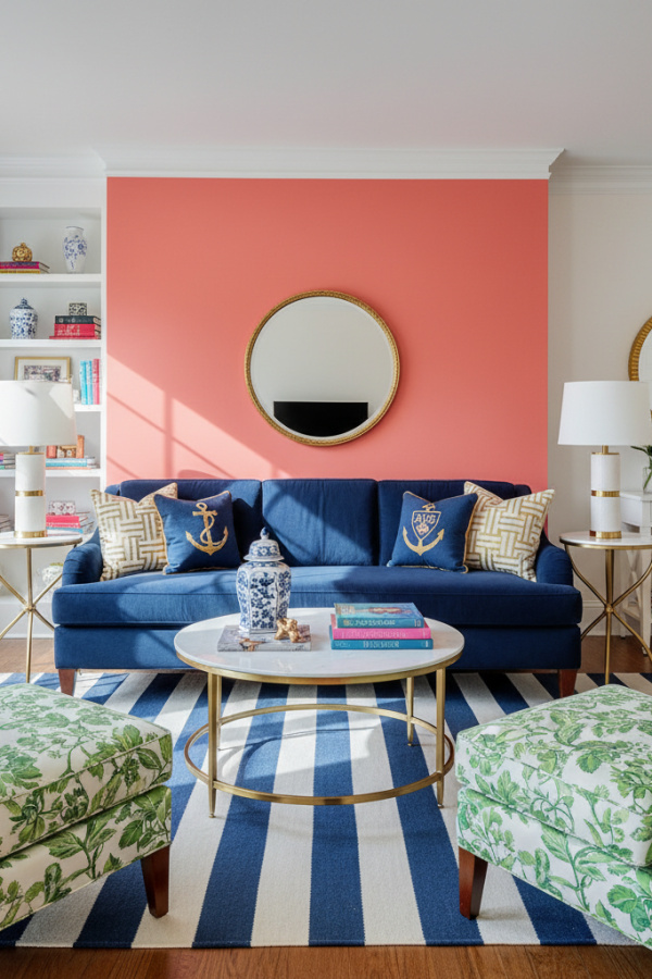 Preppy Living Room, Coral Pink Accent Wall, Navy Blue Sofa, Two White Lamps, Sunlit Preppy Modern Space Preppy Living Room, Coral Pink Accent Wall, Navy Blue Sofa, Two White Lamps, Sunlit Preppy Modern Space