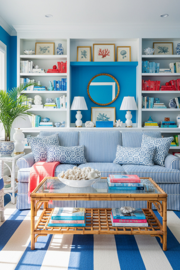 Preppy Living Room, Blue White Ticking Stripe Sofa, Bamboo Coffee Table, Single Coral Throw, Vibrant Fresh Preppy Space Preppy Living Room, Blue White Ticking Stripe Sofa, Bamboo Coffee Table, Single Coral Throw, Vibrant Fresh Preppy Space