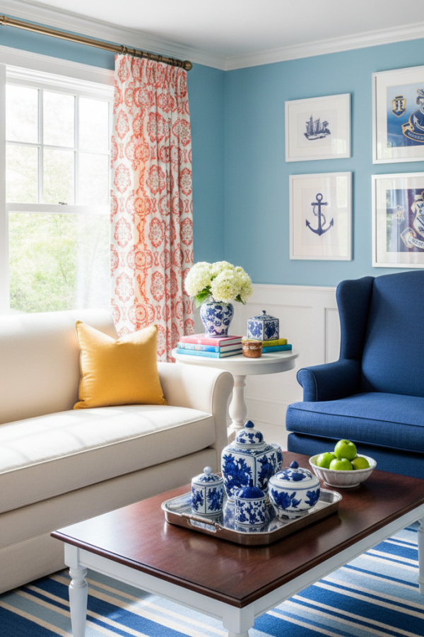 Preppy Living Room, Navy Blue Wingback Chair, White Sofa, Two Yellow Accent Pillows, Bright Club Space Preppy Living Room, Navy Blue Wingback Chair, White Sofa, Two Yellow Accent Pillows, Bright Club Space