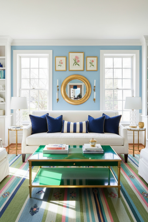 Preppy Living Room, Kelly Green Lacquer Coffee Table, White Sofa, Two Navy Pillows, Sunlit Contemporary Preppy Space Preppy Living Room, Kelly Green Lacquer Coffee Table, White Sofa, Two Navy Pillows, Sunlit Contemporary Preppy Space
