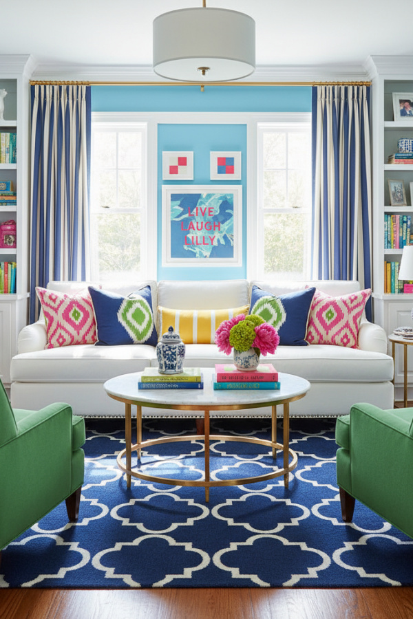 Preppy Living Room, White Sofa, Pink Green Ikat Pillows, Navy Blue Rug, Vibrant Eclectic Preppy Space Preppy Living Room, White Sofa, Pink Green Ikat Pillows, Navy Blue Rug, Vibrant Eclectic Preppy Space