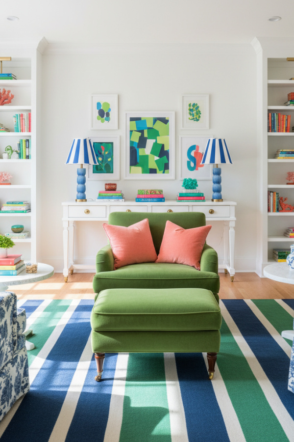 Preppy Living Room, Kelly Green Velvet Chair, White Walls, Two Coral Throw Pillows, Sunlit Traditional Space Preppy Living Room, Kelly Green Velvet Chair, White Walls, Two Coral Throw Pillows, Sunlit Traditional Space