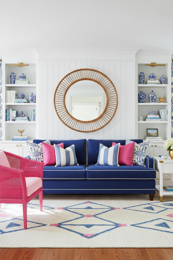 Preppy Living Room, Hot Pink Accent Chair, Navy Blue Sofa, Single Bamboo Mirror, Vibrant Chic Space Preppy Living Room, Hot Pink Accent Chair, Navy Blue Sofa, Single Bamboo Mirror, Vibrant Chic Space