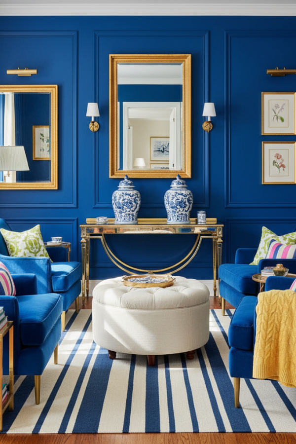 Preppy Living Room, Navy Blue Walls, White Trim, Two Chinoiserie Ginger Jars, Bright Sophisticated Space Preppy Living Room, Navy Blue Walls, White Trim, Two Chinoiserie Ginger Jars, Bright Sophisticated Space