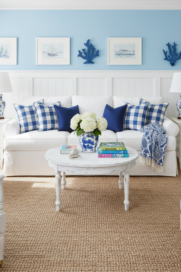 Preppy Living Room, White Slipcovered Sofa, Blue White Gingham Pillows, Natural Jute Rug, Sunlit Coastal Preppy Space Preppy Living Room, White Slipcovered Sofa, Blue White Gingham Pillows, Natural Jute Rug, Sunlit Coastal Preppy Space