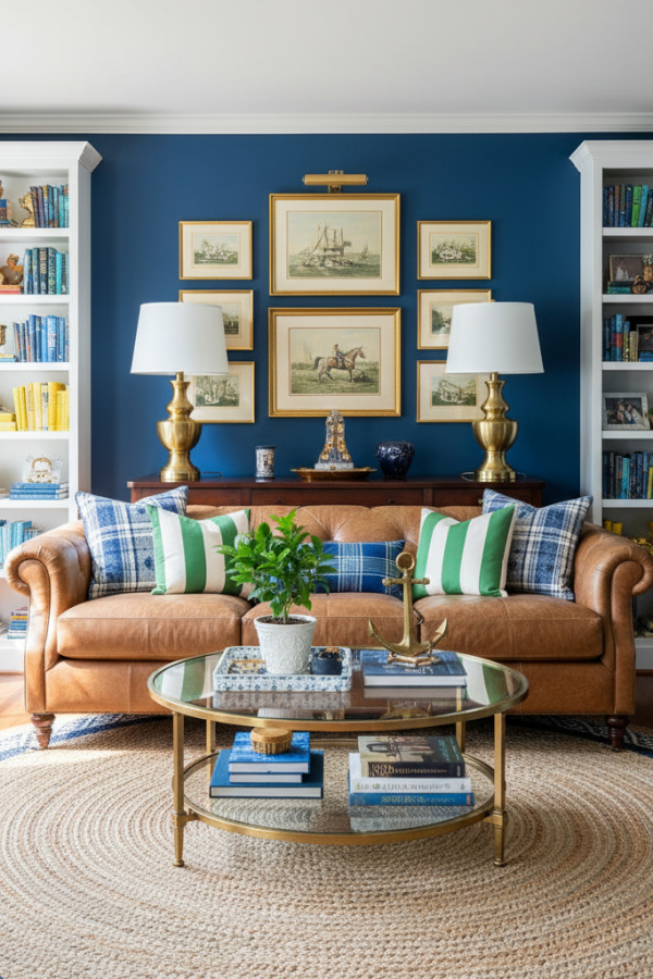 Preppy Living Room, Camel Leather Sofa, Navy Blue Walls, Two Brass Table Lamps, Vibrant Masculine Space Preppy Living Room, Camel Leather Sofa, Navy Blue Walls, Two Brass Table Lamps, Vibrant Masculine Space