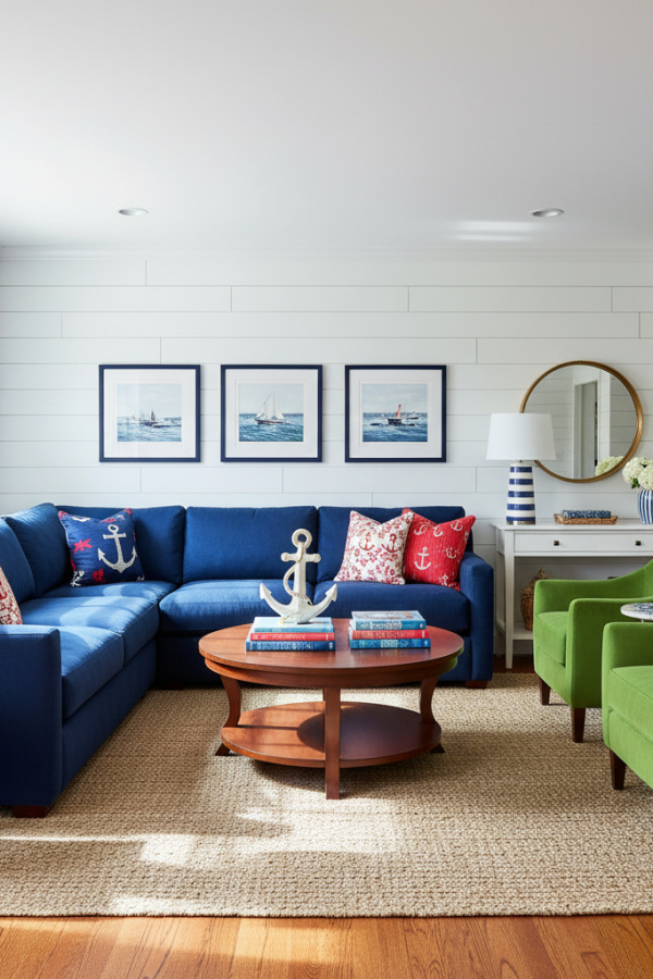 Preppy Living Room, Navy Blue Sectional, White Shiplap Wall, Three Nautical Throw Pillows, Sunlit New England Space Preppy Living Room, Navy Blue Sectional, White Shiplap Wall, Three Nautical Throw Pillows, Sunlit New England Space