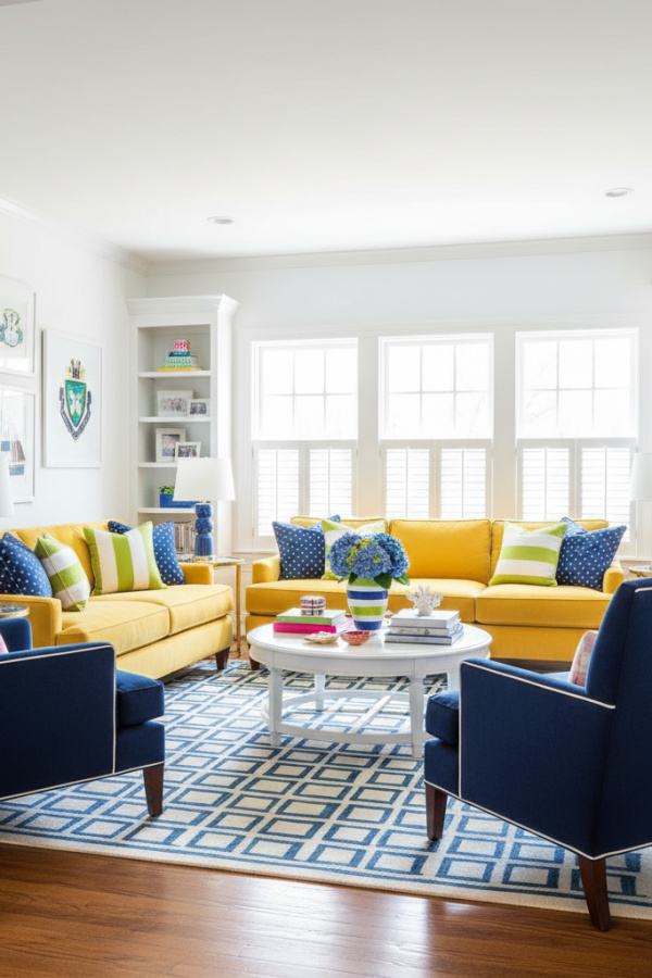 Preppy Living Room, Yellow Velvet Sofa, White Walls, Two Navy Blue Accent Chairs, Vibrant Cheerful Space Preppy Living Room, Yellow Velvet Sofa, White Walls, Two Navy Blue Accent Chairs, Vibrant Cheerful Space
