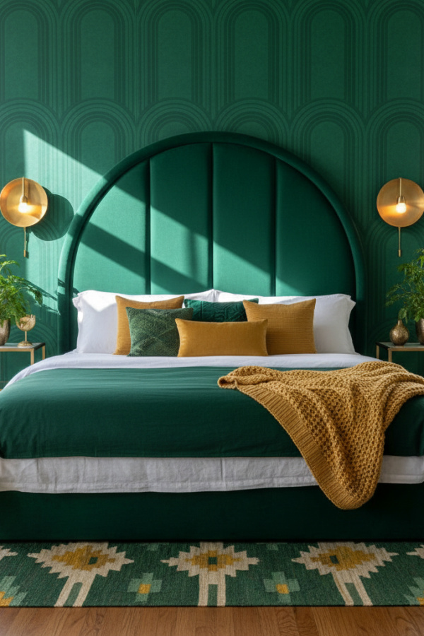 Platform Bed, Forest Green Bouclé Upholstery, Arched Headboard, Vibrant Contemporary Bedroom Platform Bed, Forest Green Bouclé Upholstery, Arched Headboard, Vibrant Contemporary Bedroom