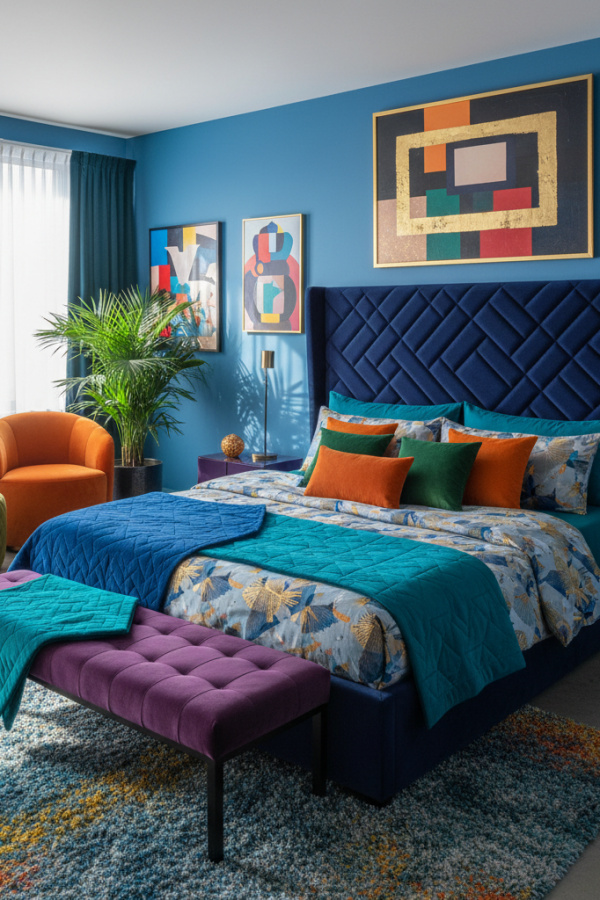 Low-Profile Bed, Navy Blue Velvet, Geometric Quilted Headboard, Vibrant Mid-Century Modern Bedroom Low-Profile Bed, Navy Blue Velvet, Geometric Quilted Headboard, Vibrant Mid-Century Modern Bedroom