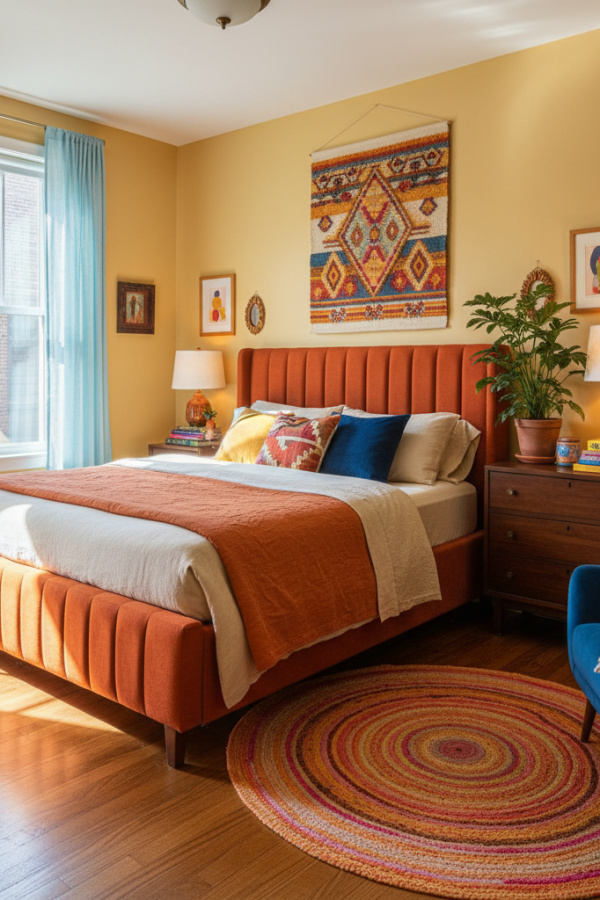 Upholstered Bed, Burnt Orange Performance Linen, Vertical Channel Tufting, Bright Eclectic Bedroom Upholstered Bed, Burnt Orange Performance Linen, Vertical Channel Tufting, Bright Eclectic Bedroom