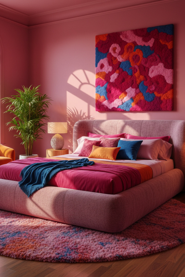 Sculptural Bed, Mauve Pink Wool Blend, Curved Wraparound Frame, Vibrant Artistic Bedroom Sculptural Bed, Mauve Pink Wool Blend, Curved Wraparound Frame, Vibrant Artistic Bedroom