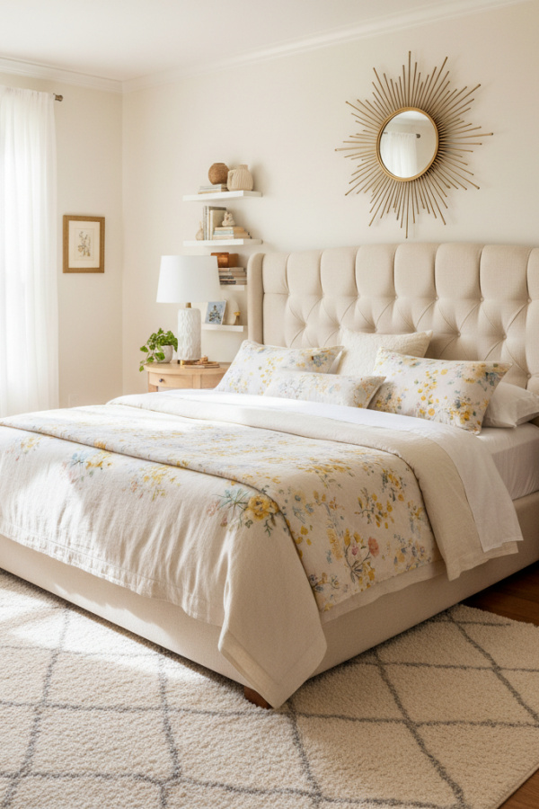 Low-Profile Bed, Cream Chenille, Oversized Padded Headboard, Bright Transitional Bedroom Low-Profile Bed, Cream Chenille, Oversized Padded Headboard, Bright Transitional Bedroom
